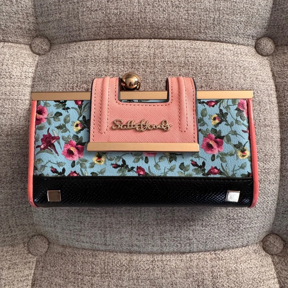 Floral Frame Wallet Pink Blue Rose Print Kiss Lock Coin Purse Cottagecore *Flaw - Picture 2 of 10